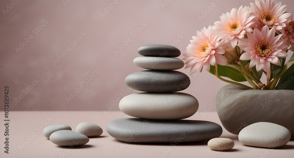 Spa concept with zen basalt stones with flowers Spa concept with zen basalt stones with flowers
