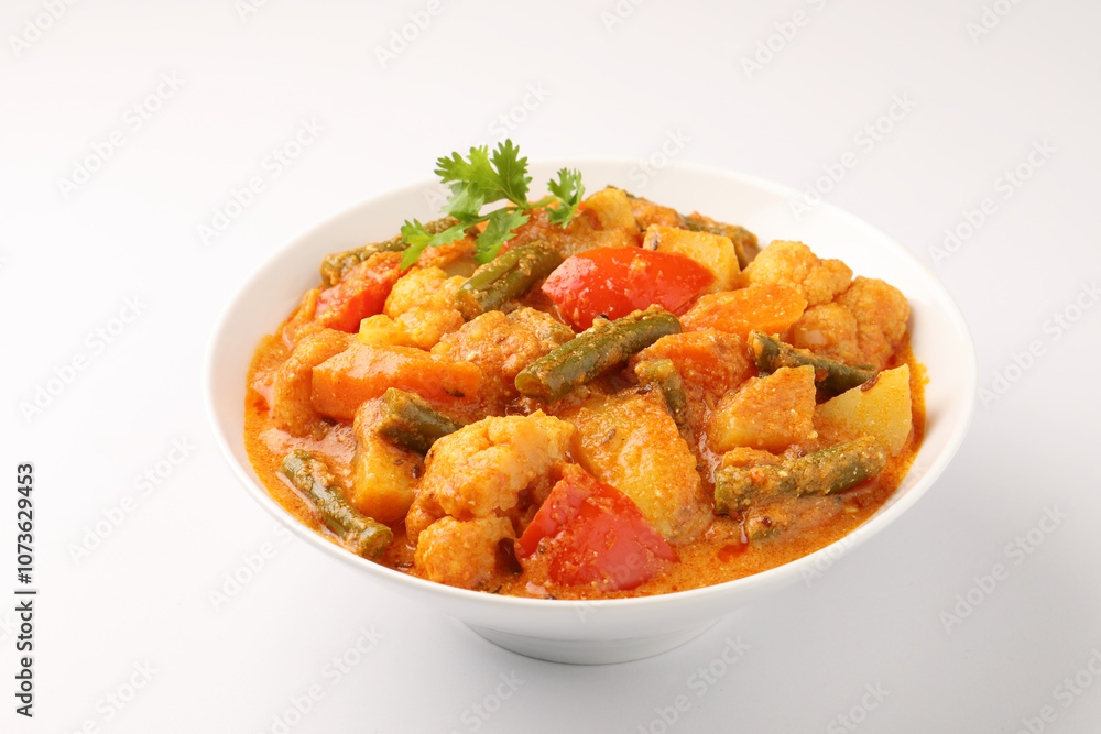 Mix vegetable curry - Indian main course recipe contains Carrots, cauliflower, green peas and beans and served in ceramic bowl Mix vegetable curry - Indian main course recipe contains Carrots, cauliflower, green peas and beans and served in ceramic bowl