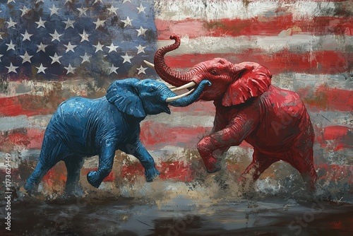 A Red Elephant and Blue Donkey Fighting in Front of an American Flag

 photo