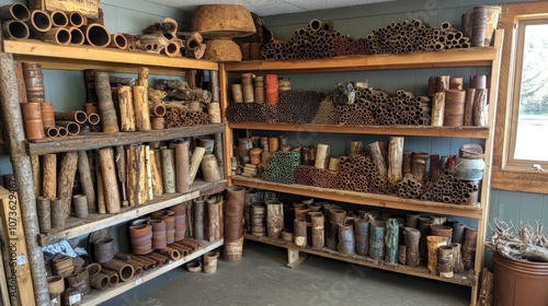 Wallpaper Mural A collection of various sizes and types of wood, bamboo and other natural materials are stored on shelves in a room. Torontodigital.ca