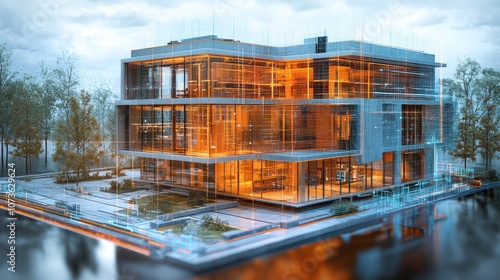 Modern architectural design featuring a glass and steel structure.