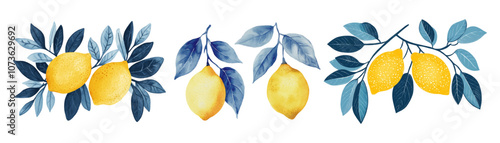 Watercolor set of vintage lemons png. Hand drawn lemons on a branch with leaves. Vector illustration