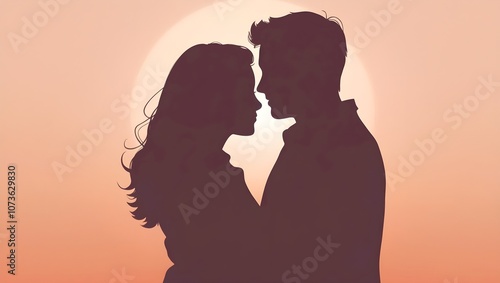 Silhouetted Young Couple Hugging Against a Sunset Background.