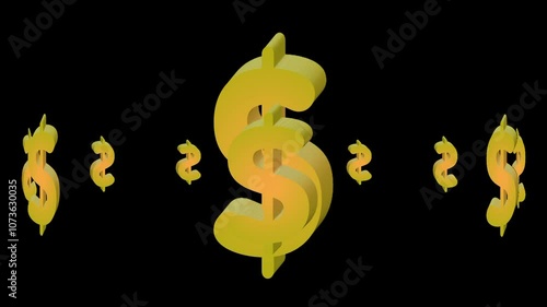 Animation of 3D gold dollars rotating on a black background