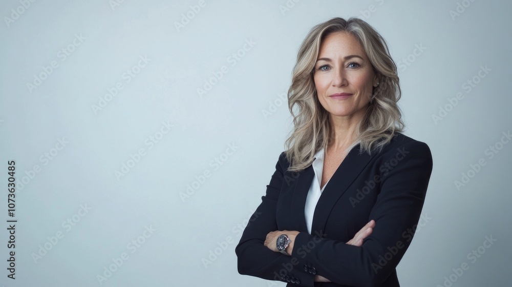 A woman in a business suit is standing with her arms crossed and smiling A woman in a business suit is standing with her arms crossed and smiling