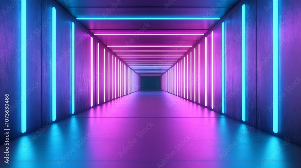 Futuristic tunnel illuminated by blue and purple artificial lights, dramatic perspective, sleek design Futuristic tunnel illuminated by blue and purple artificial lights, dramatic perspective, sleek design