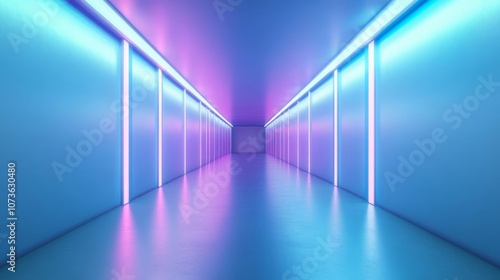 Futuristic tunnel illuminated by blue and purple artificial lights, dramatic perspective, sleek design