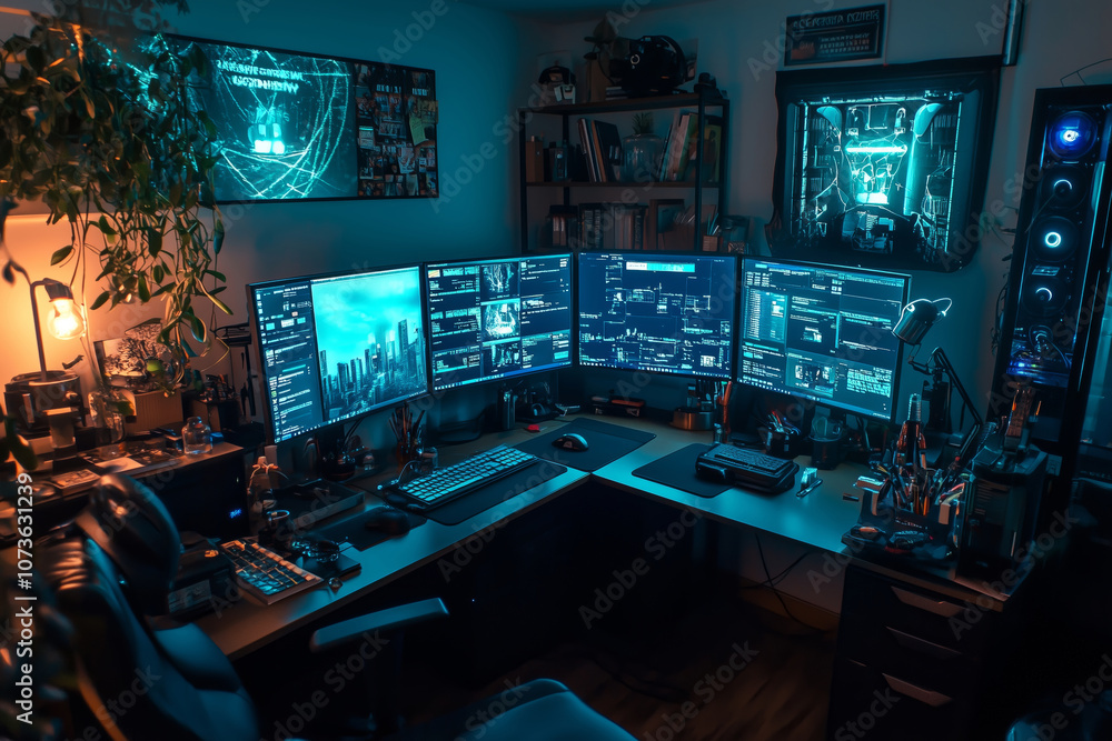 Fototapeta premium A stylish home office featuring multiple screens and a warm, inviting atmosphere