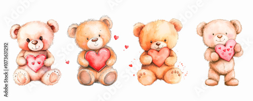 Set of cute watercolor teddy bears holding hearts. A symbol of confession of love, St. Valentine's Day, etc. Watercolor romantic elements.