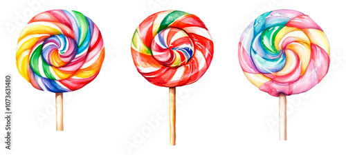 Rainbow lollipop watercolor png. Striped caramel lollipops with bright swirls. Sweet watercolor candies on a transparent background.