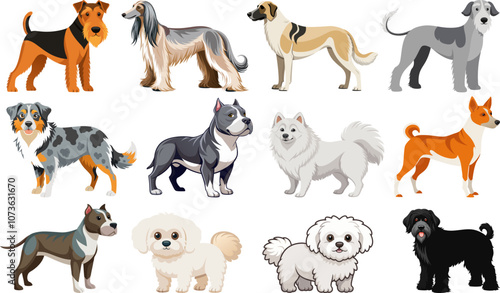 Cute dog breeds. Cartoon puppies and doggy pet. Funny friendly animals characters. Happy corgi, doberman, dalmatian, pug, dachshund. Flat puppy vector set. Transparent Background