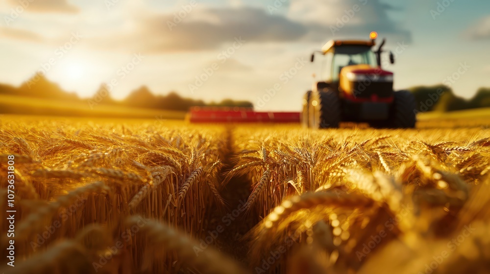 A close-up of golden wheat fields with a tractor harvesting under a sunset sky. A close-up of golden wheat fields with a tractor harvesting under a sunset sky.