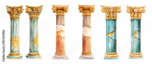 Ancient ruins watercolor png. Ancient antique architecture, building columns with elements of gold. Watercolor ancient greek and ancient roman architecture elements 