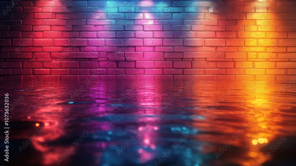 Vibrant Colorful Neon Brick Wall with Reflections, Ideal for Contemporary Art and Interior Design Projects Vibrant Colorful Neon Brick Wall with Reflections, Ideal for Contemporary Art and Interior Design Projects