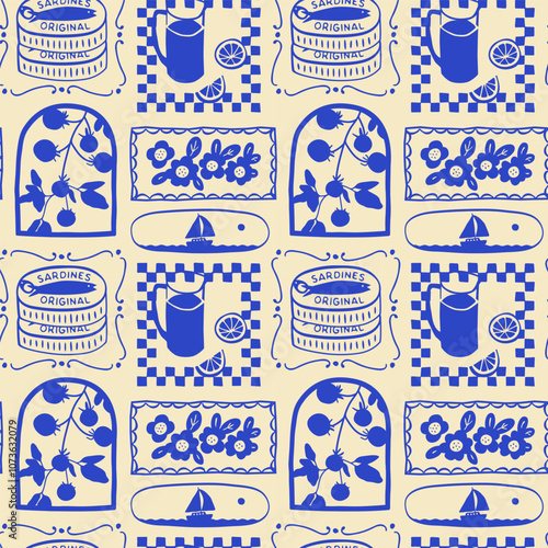 Retro hand drawn summer seamless pattern. Traditional patchwork style background illustration. Vintage mediterranean vacation textile print, fine art texture with tomato, sea, flower.
