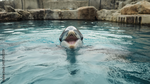 A dolphin swmming in water open its mouth widely. photo