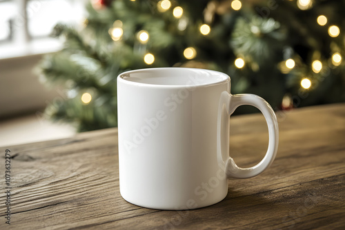 A simple white coffee mug for mockup sits on a rustic wooden table in front of a softly lit Christmas tree during the holiday season.