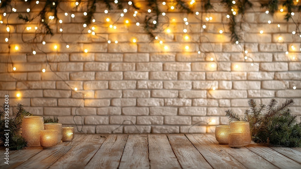 A cozy, illuminated setting with candles and fairy lights against a brick wall. A cozy, illuminated setting with candles and fairy lights against a brick wall.