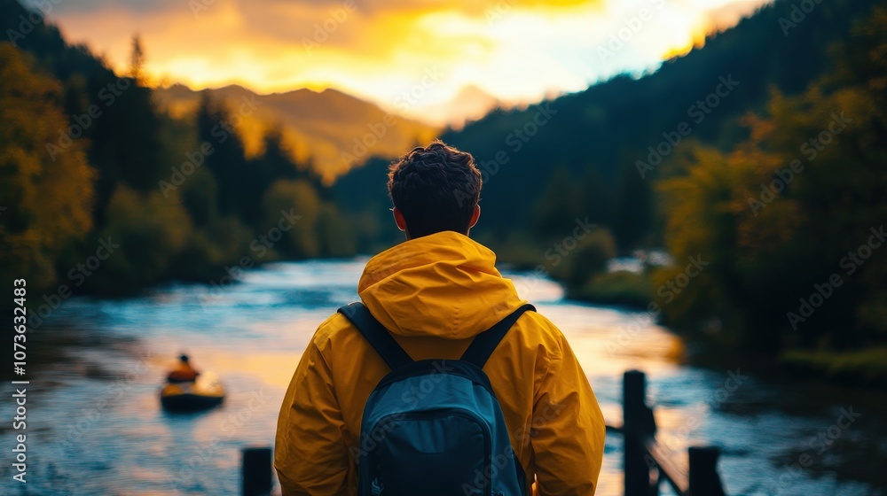 A traveler overlooking a scenic river surrounded by mountains at sunset. A traveler overlooking a scenic river surrounded by mountains at sunset.