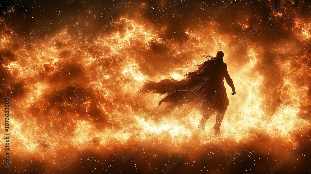 A lone superhero stands against a fiery sky, his cape billowing behind him. A lone superhero stands against a fiery sky, his cape billowing behind him.