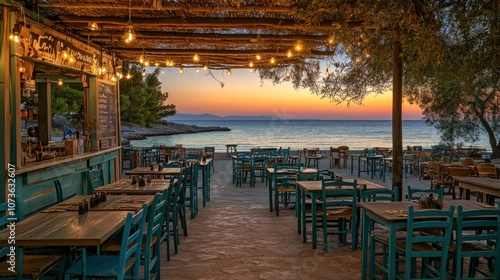 A seaside restaurant with a view of the ocean and sunset, with wooden tables and chairs, and a bar with a wooden counter and stools.