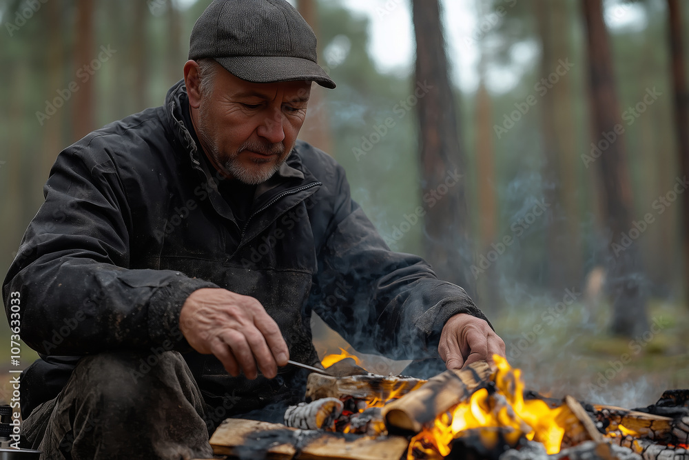 A man carefully tending to a warm bonfire in a tranquil forest clearing A man carefully tending to a warm bonfire in a tranquil forest clearing