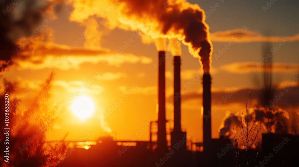 Industrial smokestacks emit smoke during a vibrant sunset, highlighting environmental issues. Industrial smokestacks emit smoke during a vibrant sunset, highlighting environmental issues.