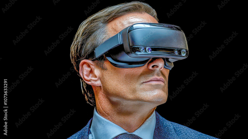 A man in a suit wears a virtual reality headset, bathed in orange light, suggesting immersion in a futuristic or digital experience A man in a suit wears a virtual reality headset, bathed in orange light, suggesting immersion in a futuristic or digital experience