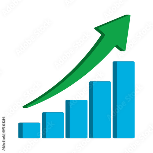 Upward stepping 3d green arrow. Growth Bar blue stairs step to growth success vector illustration on white. Progress way and forward achievement creative concept. 3d Bar graph of blue bars.