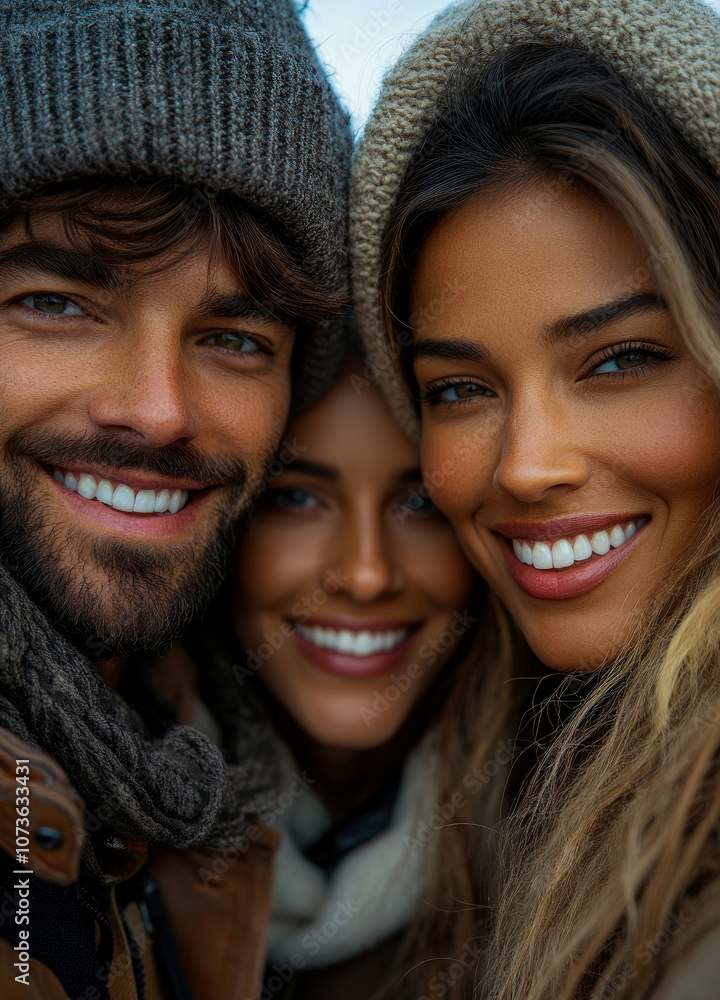 Three friends smile brightly while bundled in winter attire, radiating warmth and happiness on a chilly day in a snowy setting Three friends smile brightly while bundled in winter attire, radiating warmth and happiness on a chilly day in a snowy setting