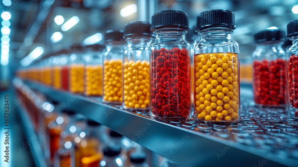 Rows of colorful supplement bottles on a shelf in a pharmacy or laboratory, showcasing health, nutrition, and wellness Rows of colorful supplement bottles on a shelf in a pharmacy or laboratory, showcasing health, nutrition, and wellness