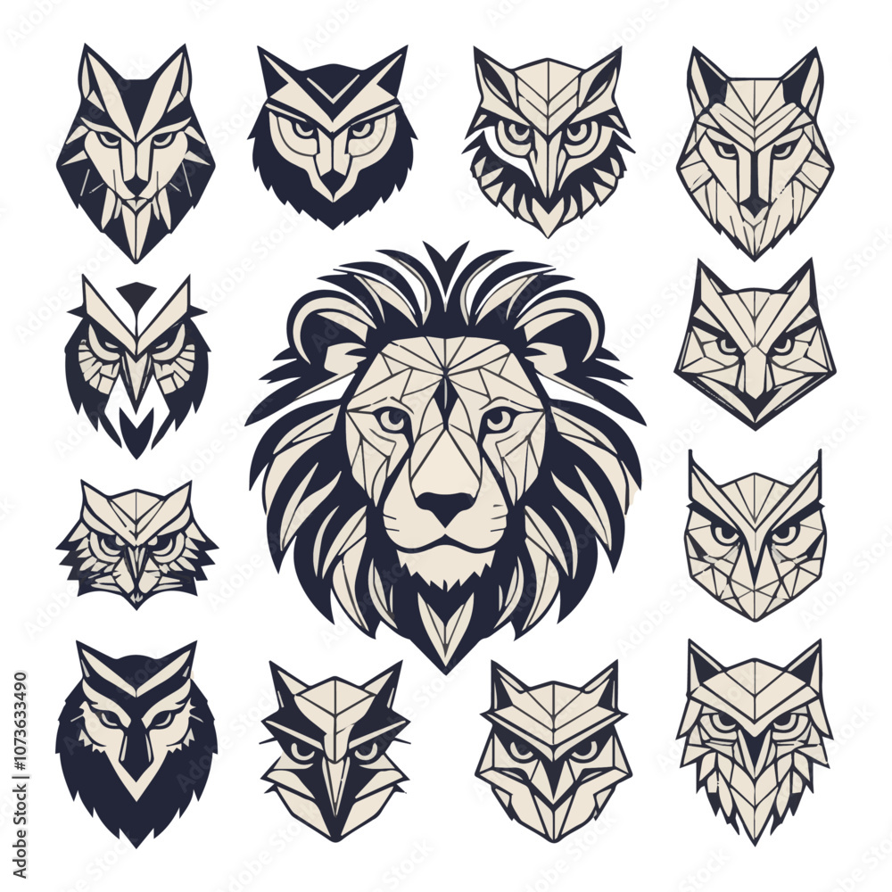 Fototapeta premium Stylized Animal Faces Set with Wolves, Lions, and Foxes in Vector Format