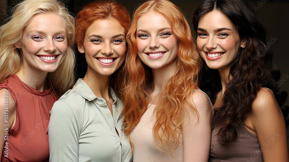 Four women with different hair colors and styles smiling together, embodying diversity and friendship in a warm and joyful setting Four women with different hair colors and styles smiling together, embodying diversity and friendship in a warm and joyful setting
