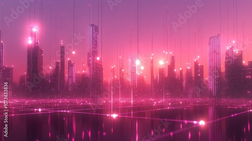 Futuristic cityscape with glowing lines and data streams at sunset.