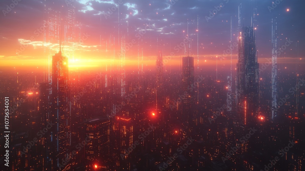 Obraz premium Futuristic city skyline at sunset with glowing lights and digital data streams.