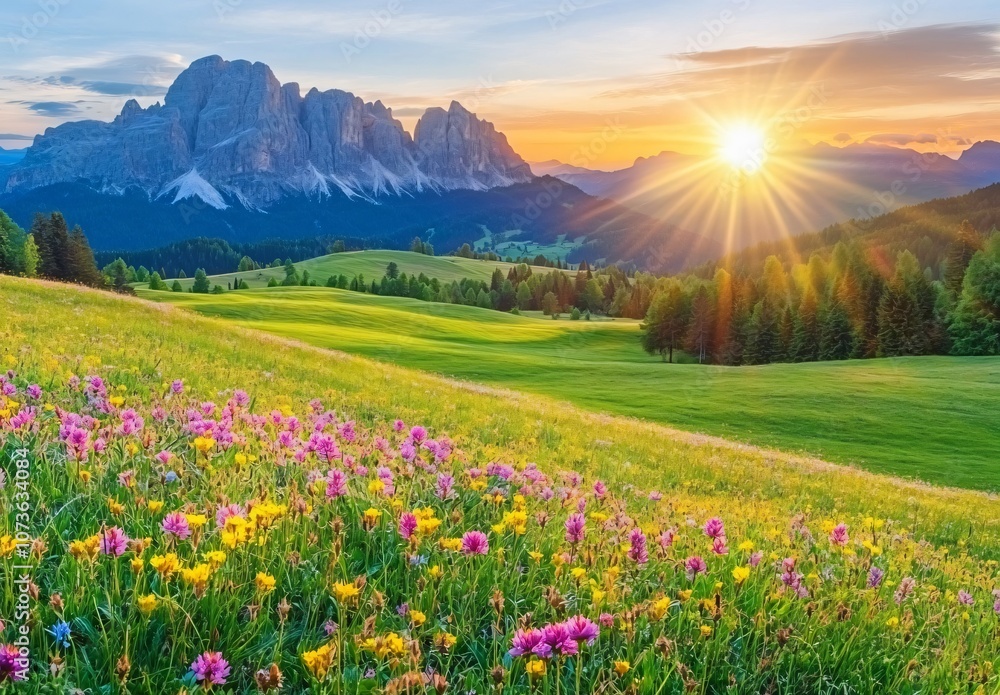 Fototapeta premium Sunrise Over Dolomites Meadow With Flowers