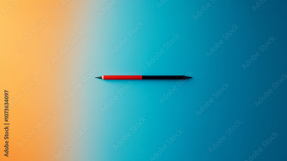 Fototapeta premium A single red and black pen lays flat on a blue and yellow gradient background.