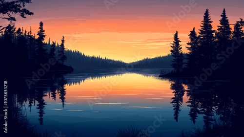 Sunset Lake Reflection: Serene Forest Landscape