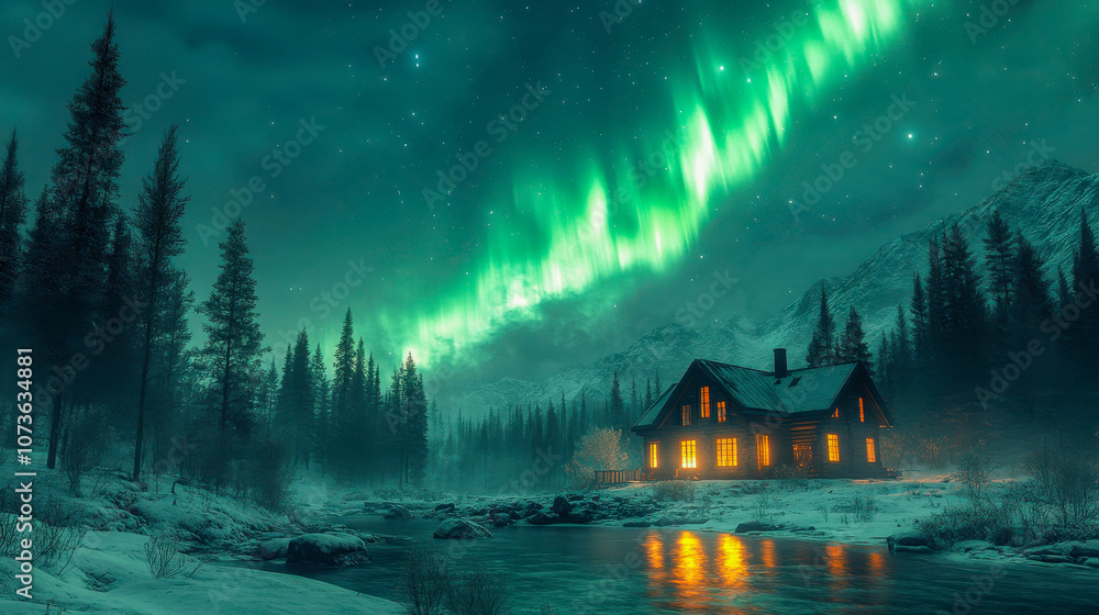 Fototapeta premium A tranquil cabin under a vibrant green aurora borealis in a snowy forest. Winter serenity and natural wonder in the wilderness