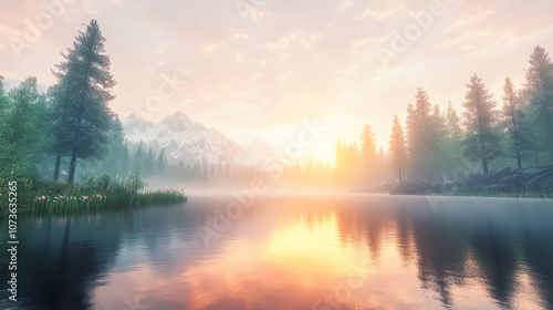 Peaceful sunrise over a calm lake with mountain reflections and a misty atmosphere, surrounded by trees and a soft, warm sky.