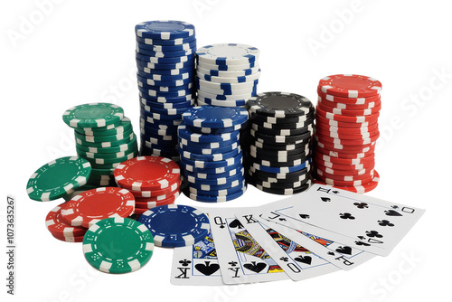 Playing cards and chips arranged for poker isolated on transparent background Game setup
