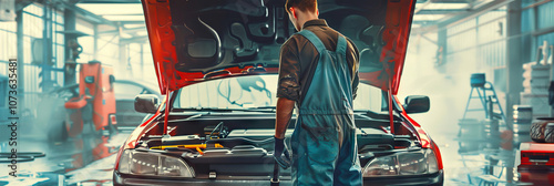 Male Mechanic in Overalls Under Carhood photo