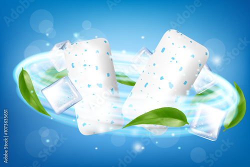 Pads of bubble gum with ice cubes and mint leaves. Green leaves spearmint for fresh breathing. Chewing gums for healthy teeth and dental hygiene. Refreshing candy. Realistic 3D vector illustration