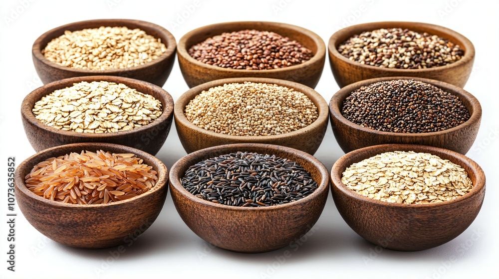 A variety of whole grains including brown rice, quinoa, oats, and barley arranged in bowls, symbolizing a nutritious diet for a healthy lifestyle. A variety of whole grains including brown rice, quinoa, oats, and barley arranged in bowls, symbolizing a nutritious diet for a healthy lifestyle.