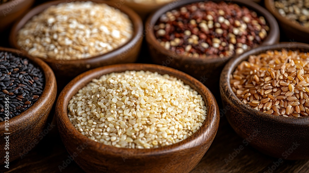 A variety of whole grains including brown rice, quinoa, oats, and barley arranged in bowls, symbolizing a nutritious diet for a healthy lifestyle. A variety of whole grains including brown rice, quinoa, oats, and barley arranged in bowls, symbolizing a nutritious diet for a healthy lifestyle.