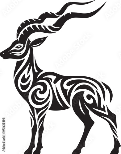 Tribal tattoo style antelope silhouette with detailed horn and body patterns
