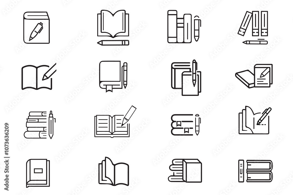 Book with pencil line icon set. Vector illustration of study, journal, literature, writing, book, pen, pencil, booklet. Business education task edit signs design