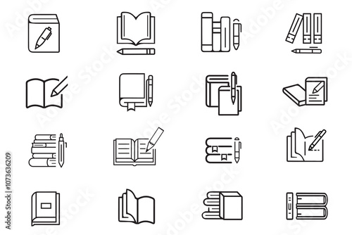 Book with pencil line icon set. Vector illustration of study, journal, literature, writing, book, pen, pencil, booklet. Business education task edit signs design