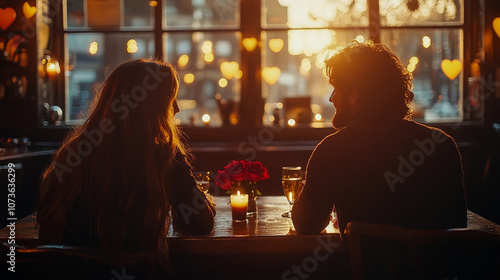 A couple shares a romantic moment over dinner as sunset light filters through heart decorations, creating a warm ambiance in the cozy restaurant