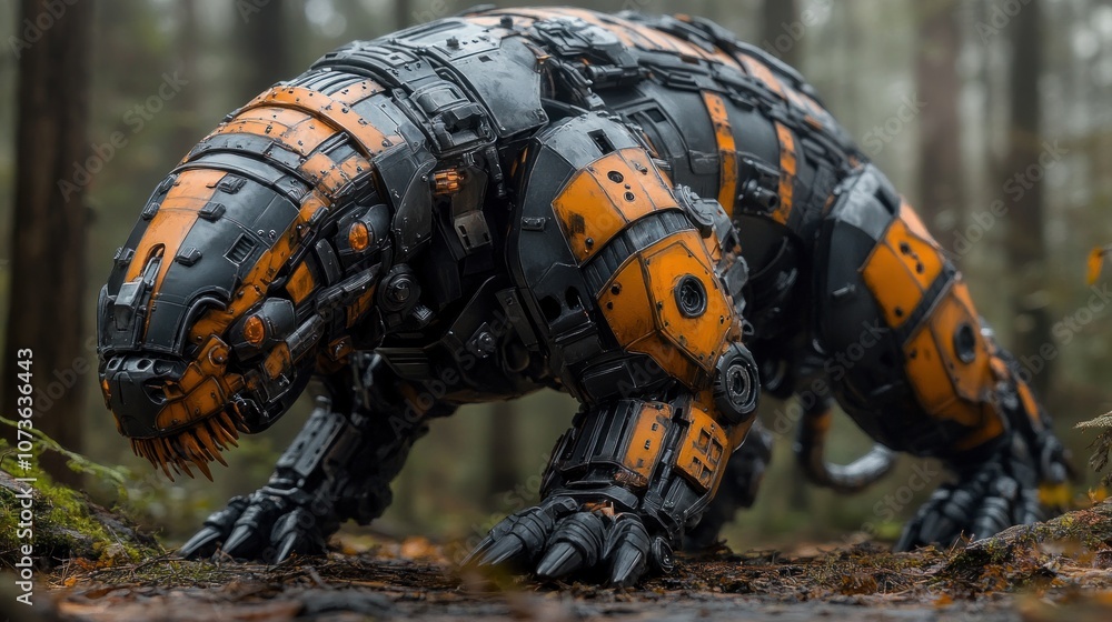 A robotic bear-like creature in a forest setting. A robotic bear-like creature in a forest setting.